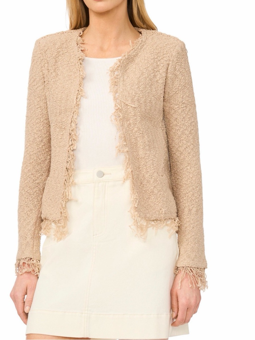 Vince Camuto Beige Frayed Bouclé Open Jacket